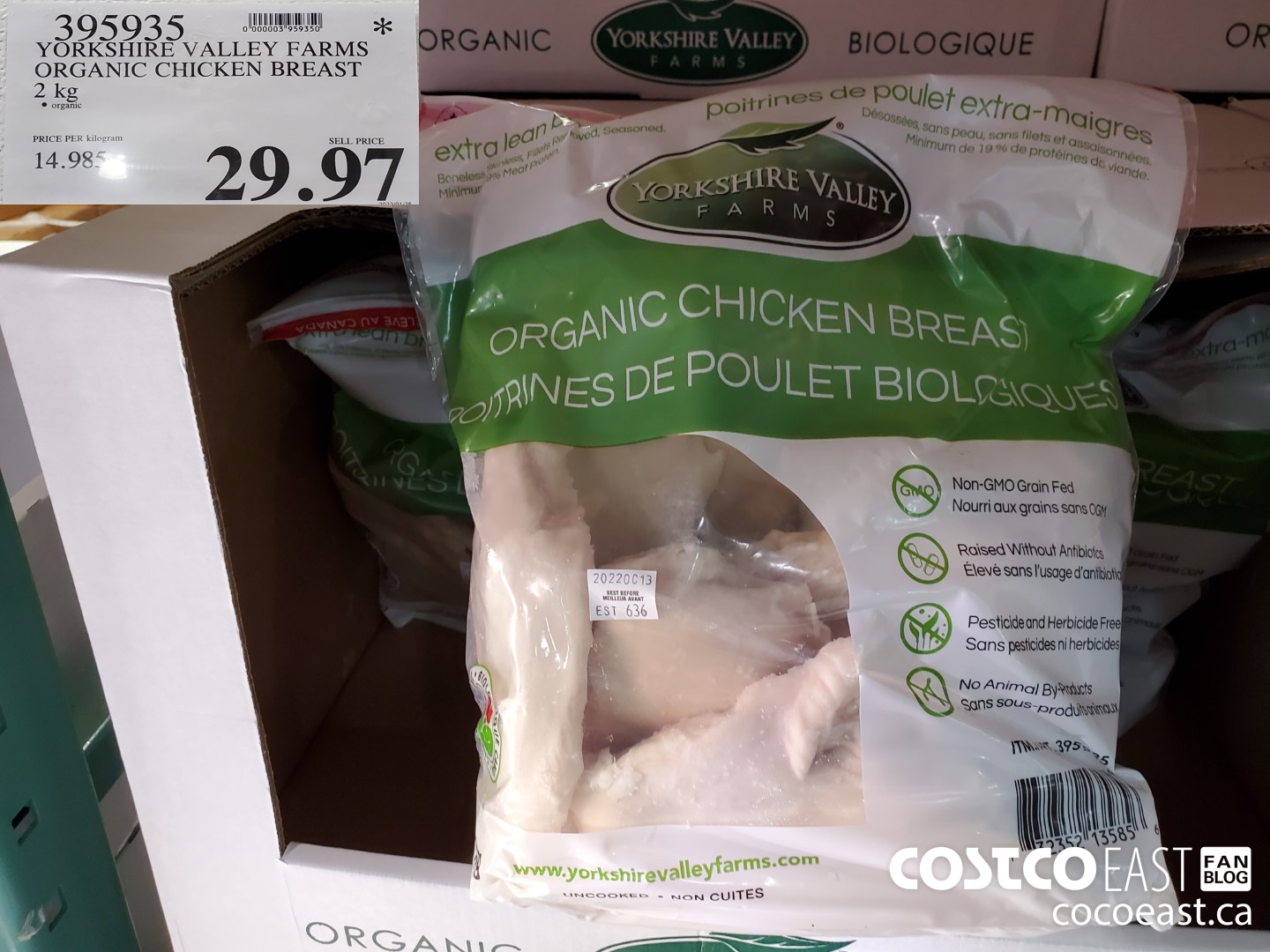 395935 YORKSHIRE VALLEY FARMS ORGANIC CHICKEN BREAST 2 kg $29.97