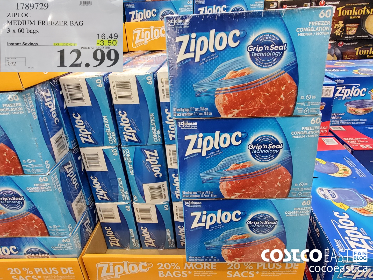 1789729 ZIPLOC MEDIUM FREEZER BAG 3 x 60 bags ($3.50 INSTANT SAVINGS EXPIRES ON 2022-02-27) $12.99