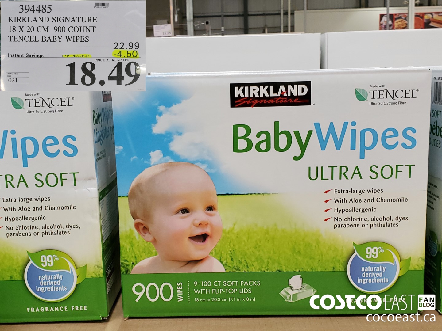 394485 KIRKLAND SIGNATURE 18 X 20 CM 900 COUNT TENCEL BABY WIPES ($4.50 INSTANT SAVINGS EXPIRES ON 2022-03-13) $18.49