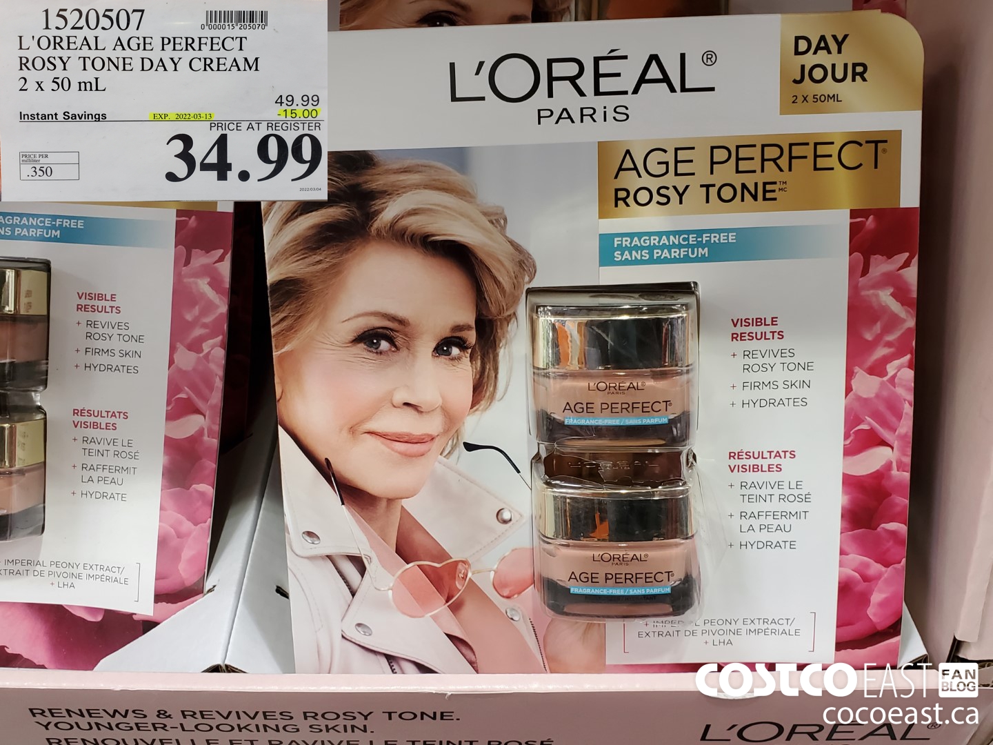 1520507 L'OREAL AGE PERFECT ROSY TONE DAY CREAM 2 x 50 ML ($15.00 INSTANT SAVINGS EXPIRES ON 2022-03-13) $34.99