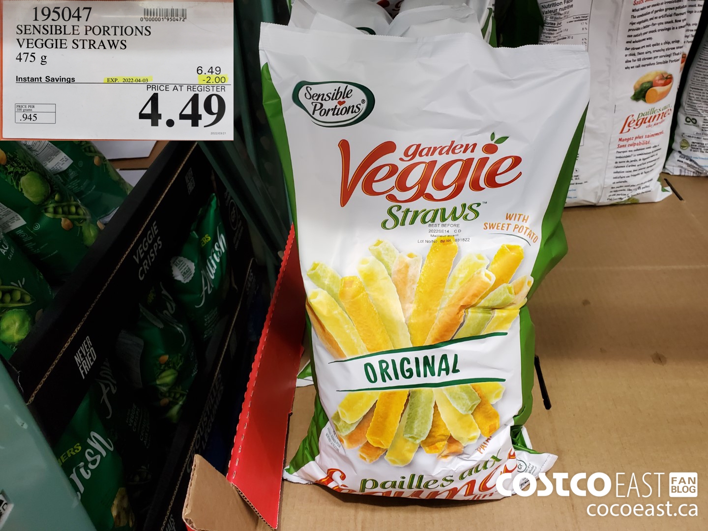 195047 SENSIBLE PORTIONS VEGGIE STRAWS 475 g ($2.00 INSTANT SAVINGS EXPIRES ON 2022-04-03) $4.49