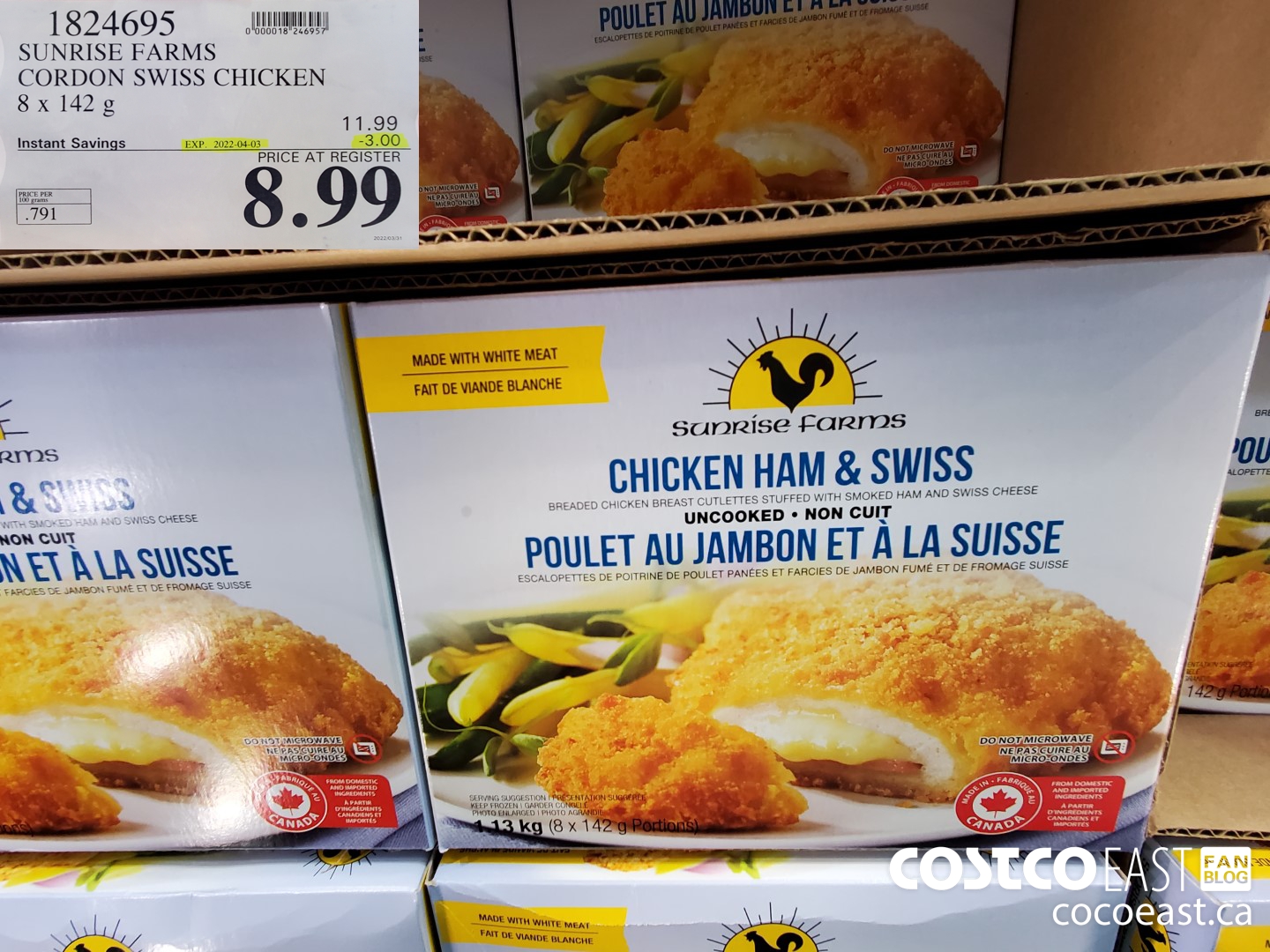 1824695 SUNRISE FARMS CORDON SWISS CHICKEN 8 X 142 G ($3.00 INSTANT SAVINGS EXPIRES ON 2022-04-03) $8.99