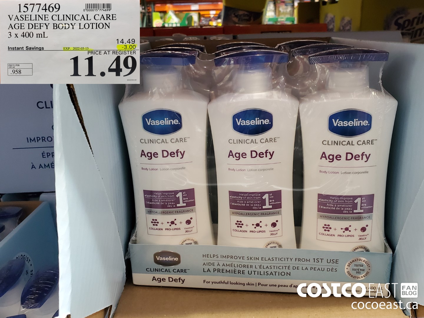 1577469 VASELINE CLINICAL CARE AGE DEFY BODY LOTION 3 x 400 mL ($3.00 INSTANT SAVINGS EXPIRES ON 2022-03-13) $11.49
