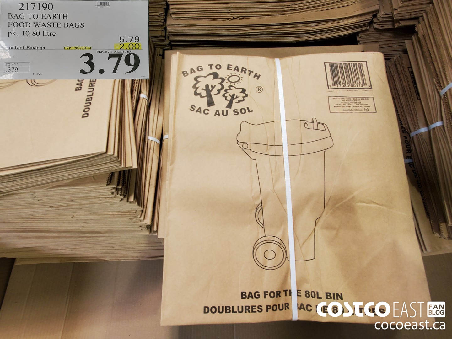 217190 BAG TO EARTH FOOD WASTE BAGS PACK OF 10 80 LITRE ($2.00 INSTANT SAVINGS EXPIRES ON 2022-04-24) $3.79