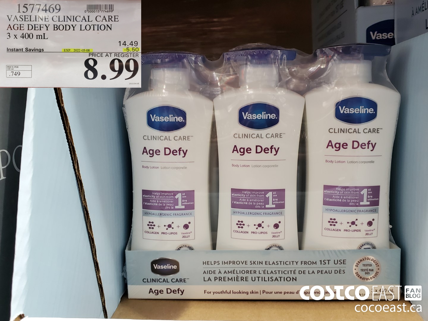 1577469 VASELINE CLINICAL CARE AGE DEFY BODY LOTION 3 x 400 mL ($5.50 INSTANT SAVINGS EXPIRES ON 2022-05-08) $8.99