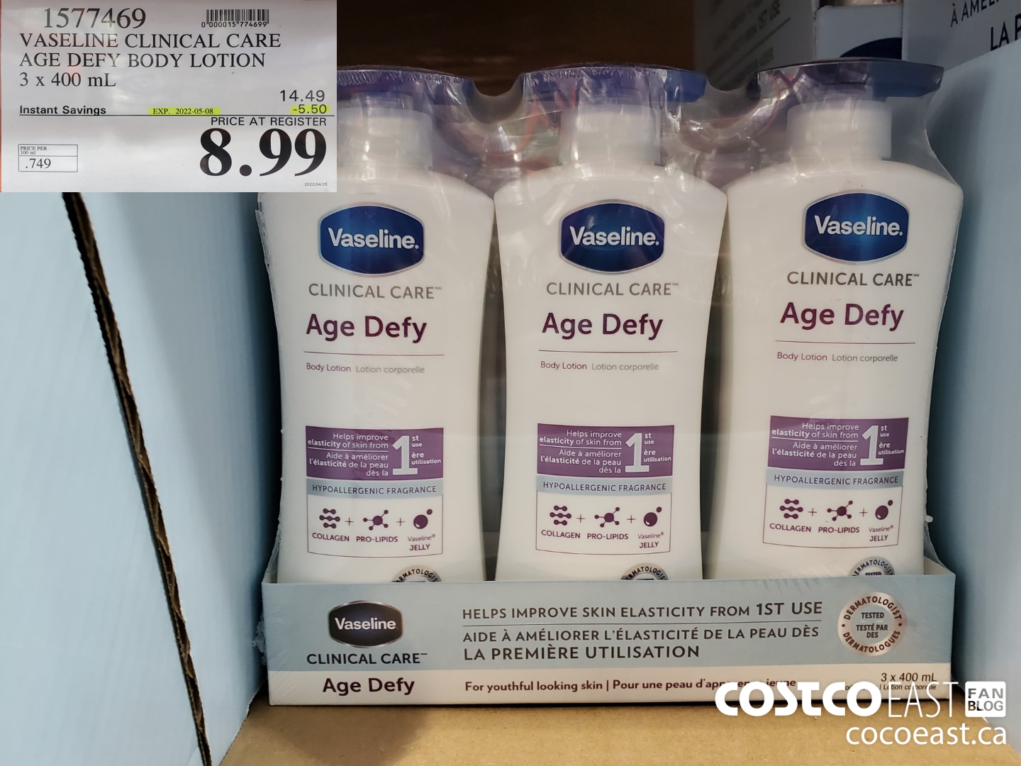 1577469 VASELINE CLINICAL CARE AGE DEFY BODY LOTION 3 x 400 mL ($5.50 INSTANT SAVINGS EXPIRES ON 2022-05-08) $8.99