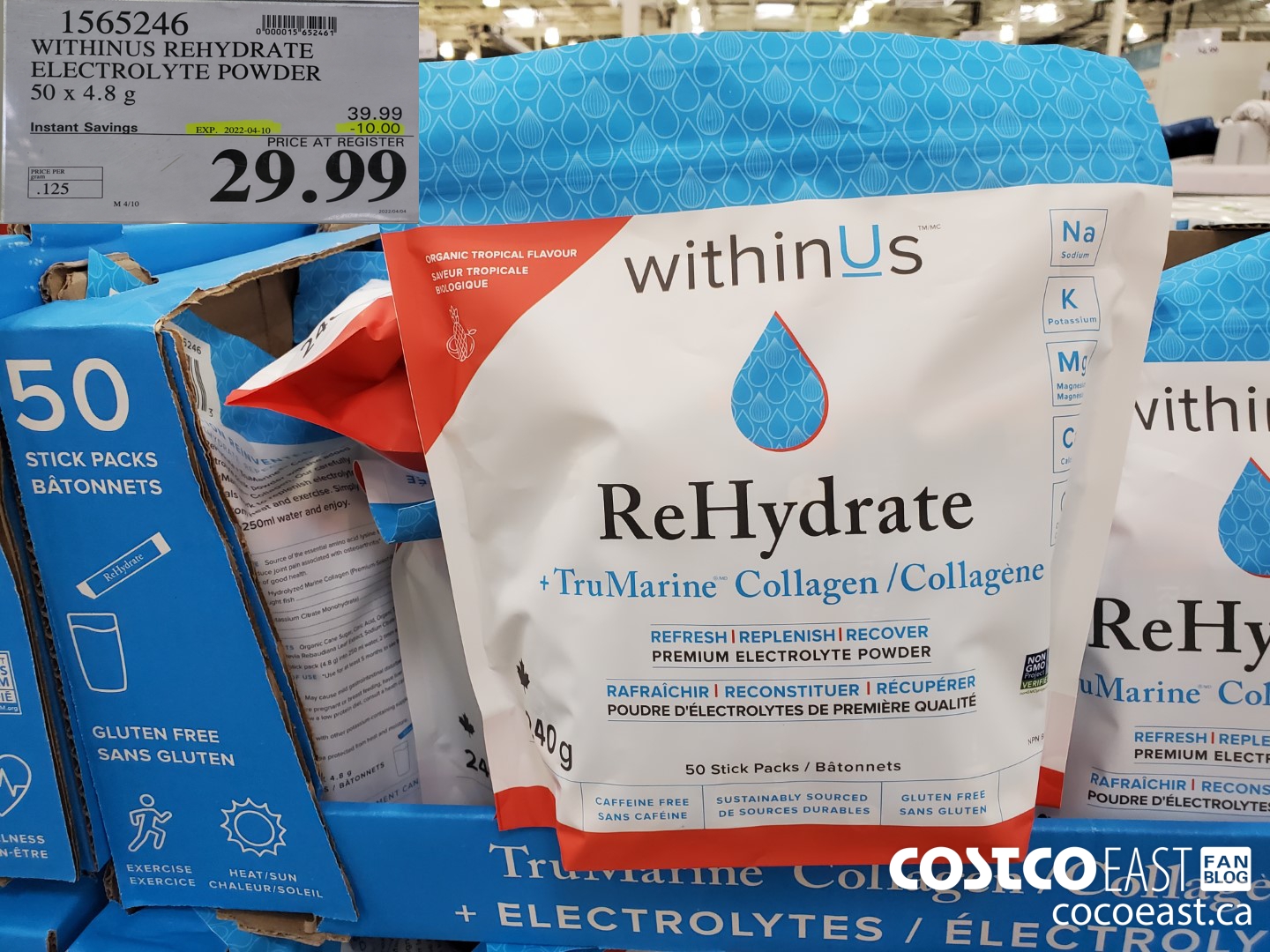 1565246 WITHINUS REHYDRATE ELECROLYTE POWDER 50 x 240 g ($10.00 INSTANT SAVINGS EXPIRES ON 2022-04-10) $29.99