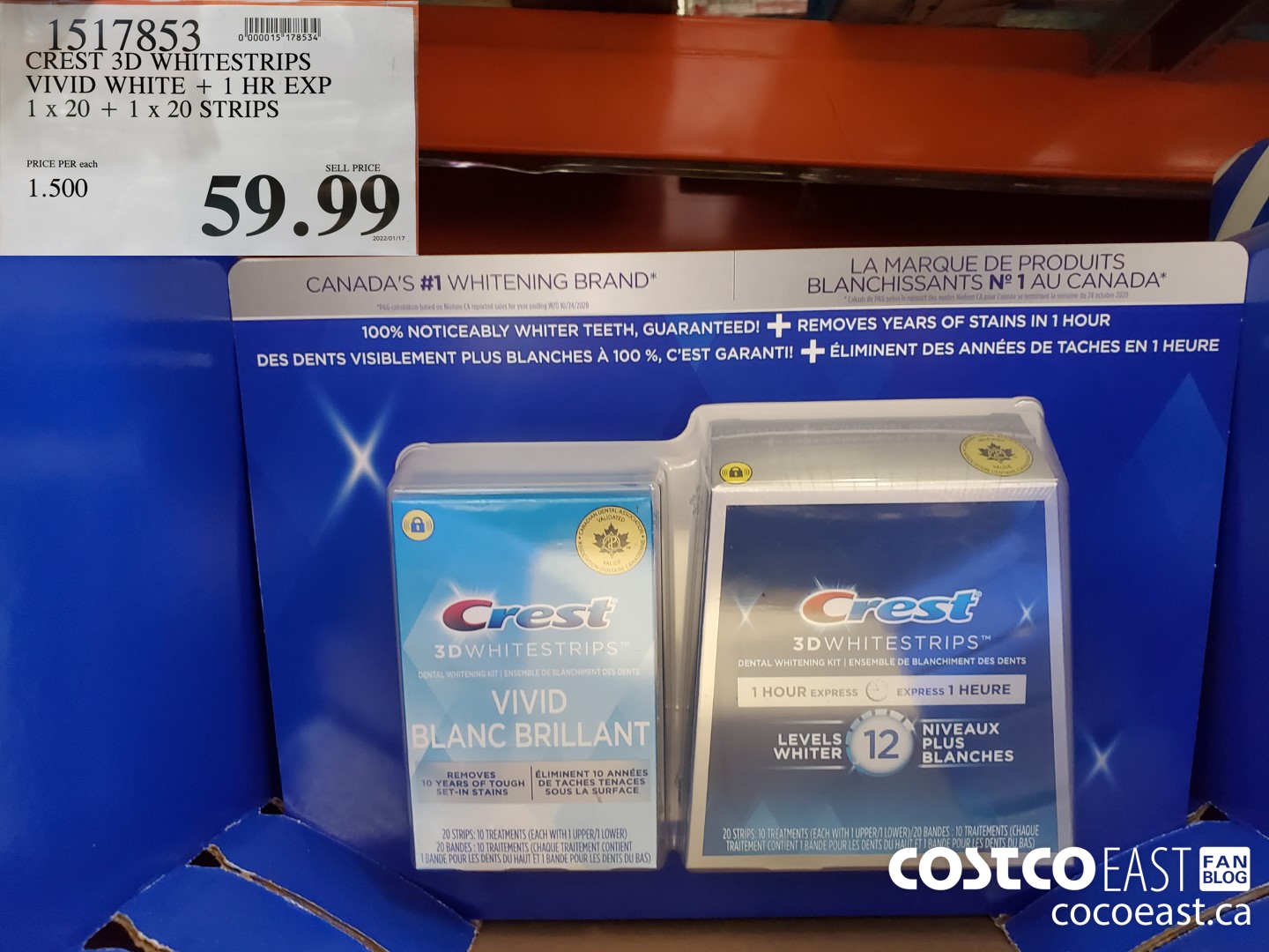 1517853 CREST 3D WHITESTRIPS VIVID WHITE + 1 HR EXP 1x 20 + 1x 20 STRIPS  $59.99