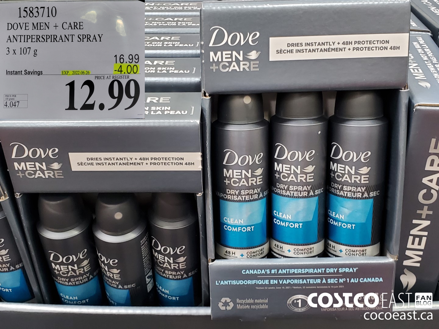 1583710 DOVE MEN + CARE ANTIPERSPIRANT SPRAY 3 X 107 G ($4.00 INSTANT SAVINGS EXPIRES ON 2022-06-26) $12.99