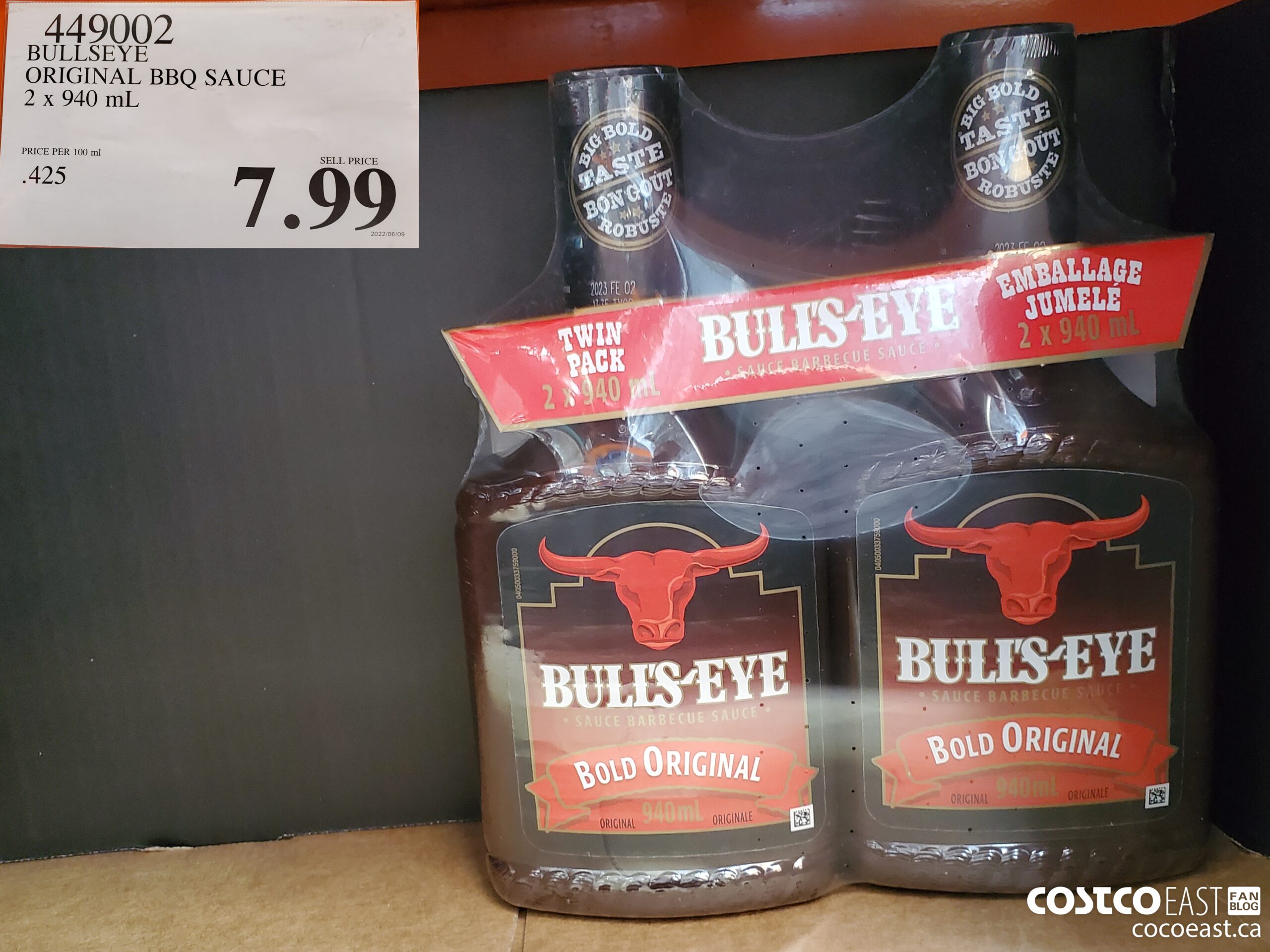 449002 BULLSEYE ORIGINAL BBQ SAUCE 2 X 940 ML $7.99