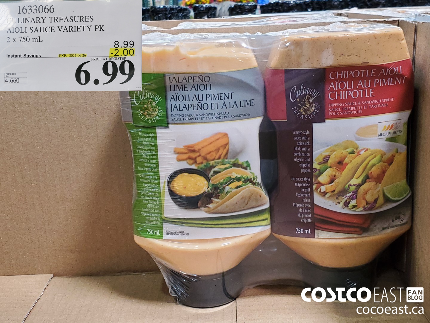 1633066 CULINARY TREASURES AIOLI SAUCE VARIETY PK 2 x 750 mL ($2.00 INSTANT SAVINGS EXPIRES ON 2022-06-26) $6.99