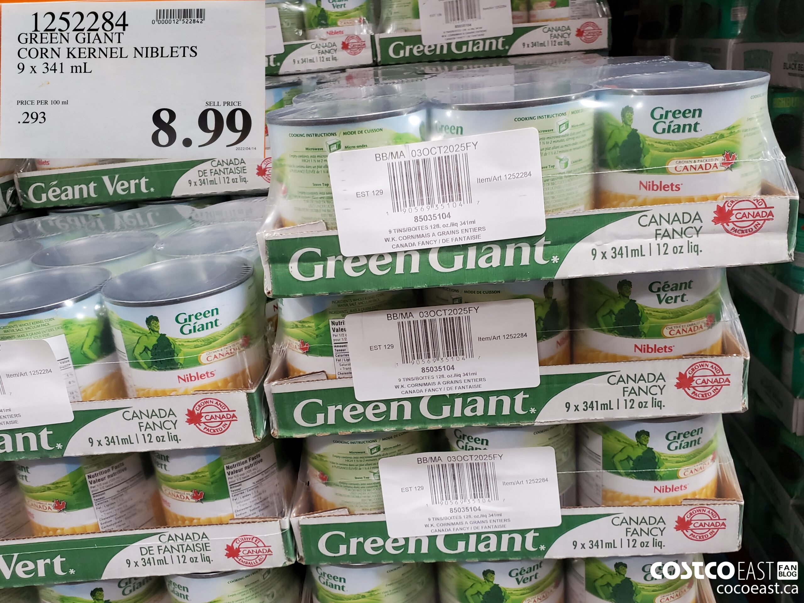 1252284 GREEN GIANT CORN KERNEL NIBLETS 9 X 341 ML $8.99