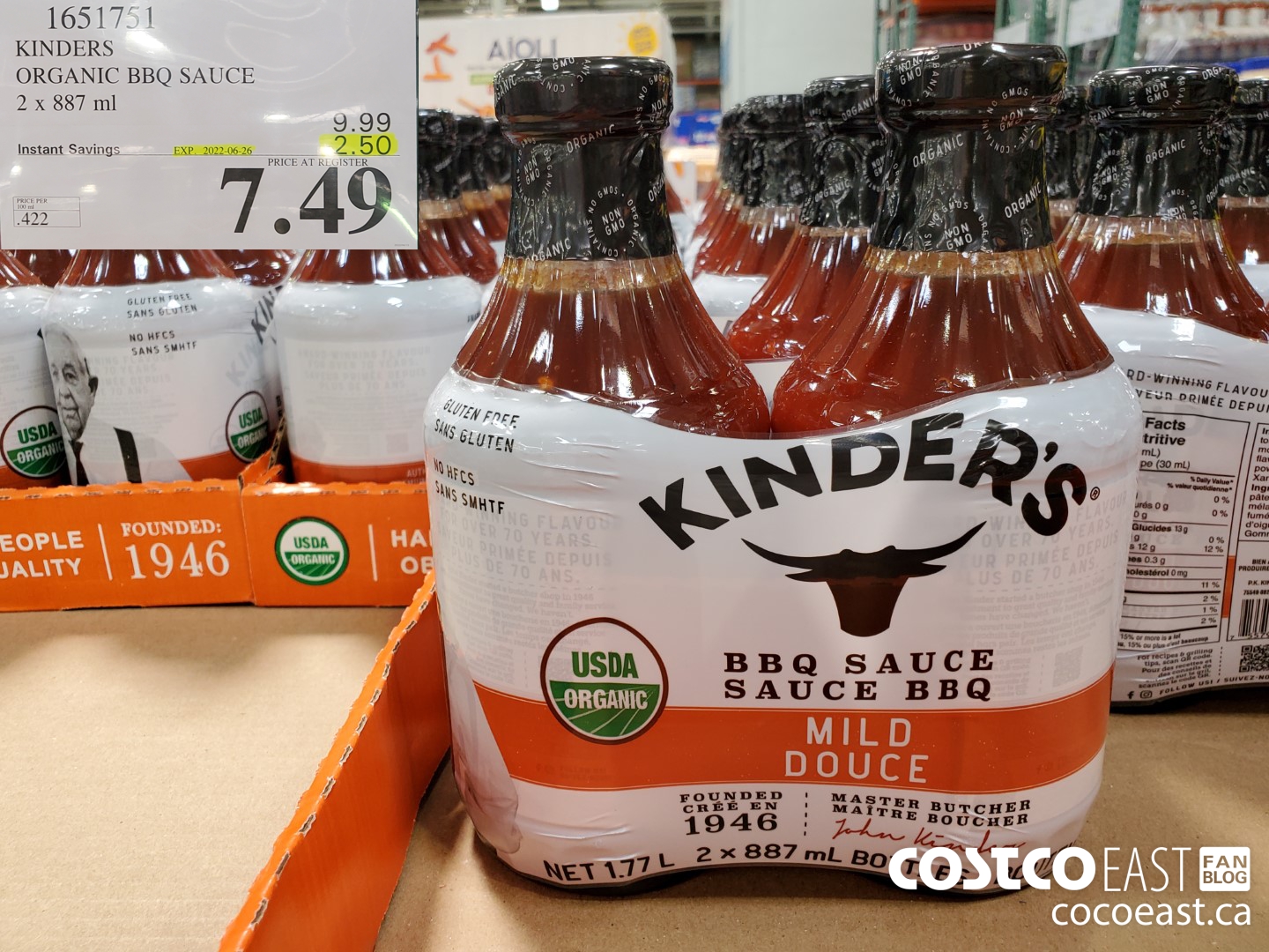 1651751 KINDERS ORGANIC BBQ SAUCE 2 x 887 ml ($2.50 INSTANT SAVINGS EXPIRES ON 2022-06-26) $7.49