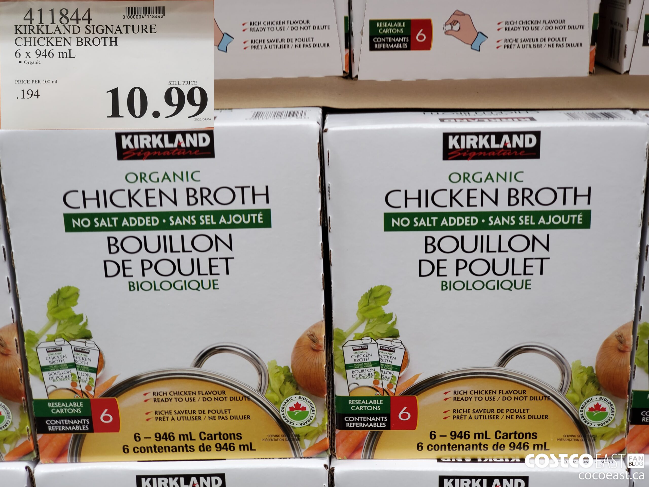 411844 KIRKLAND SIGNATURE CHICKEN BROTH 6 X 946 ML $10.99