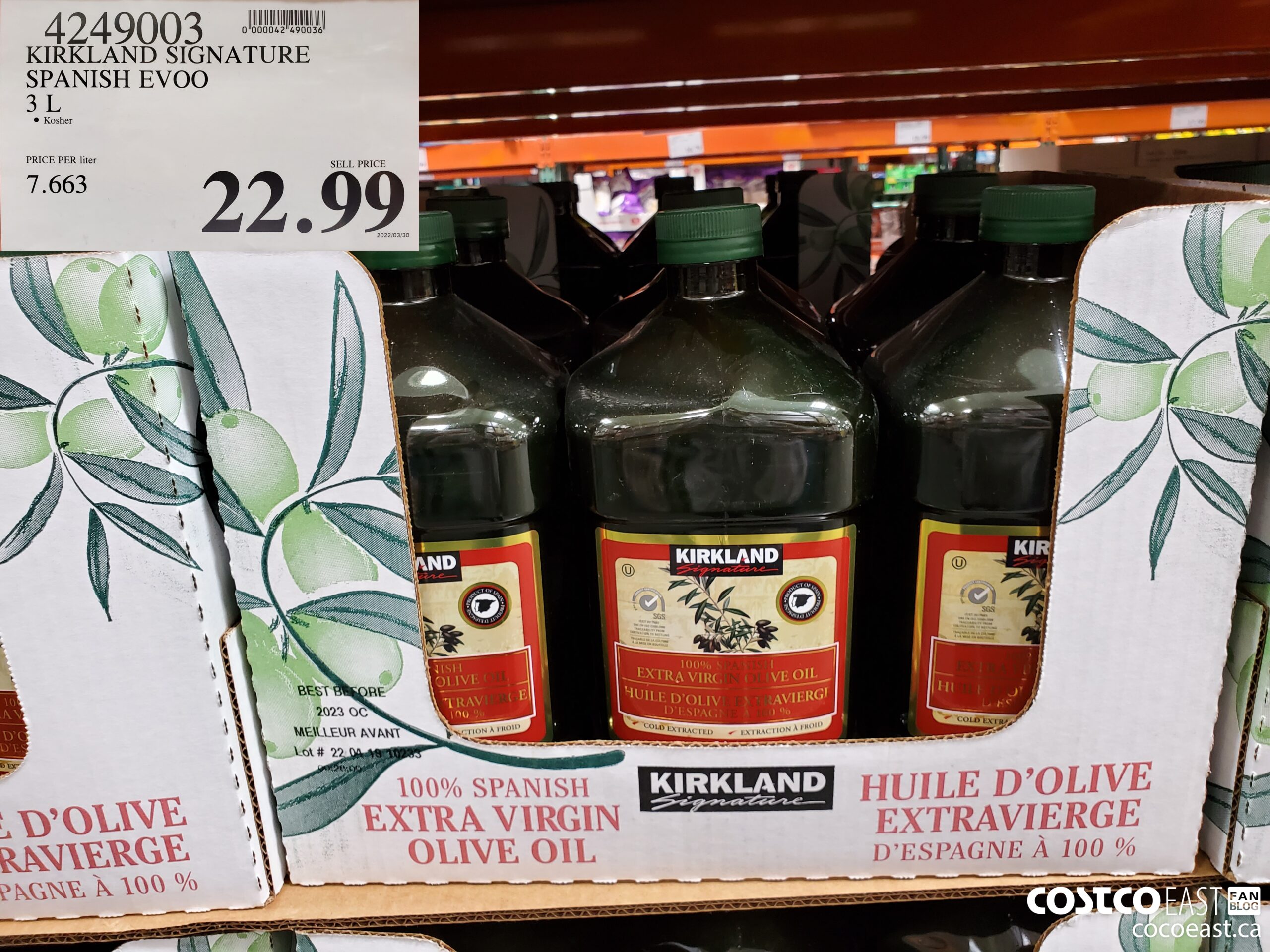 4249003 KIRKLAND SIGNATURE SPANISH EVOO 3 L $22.99