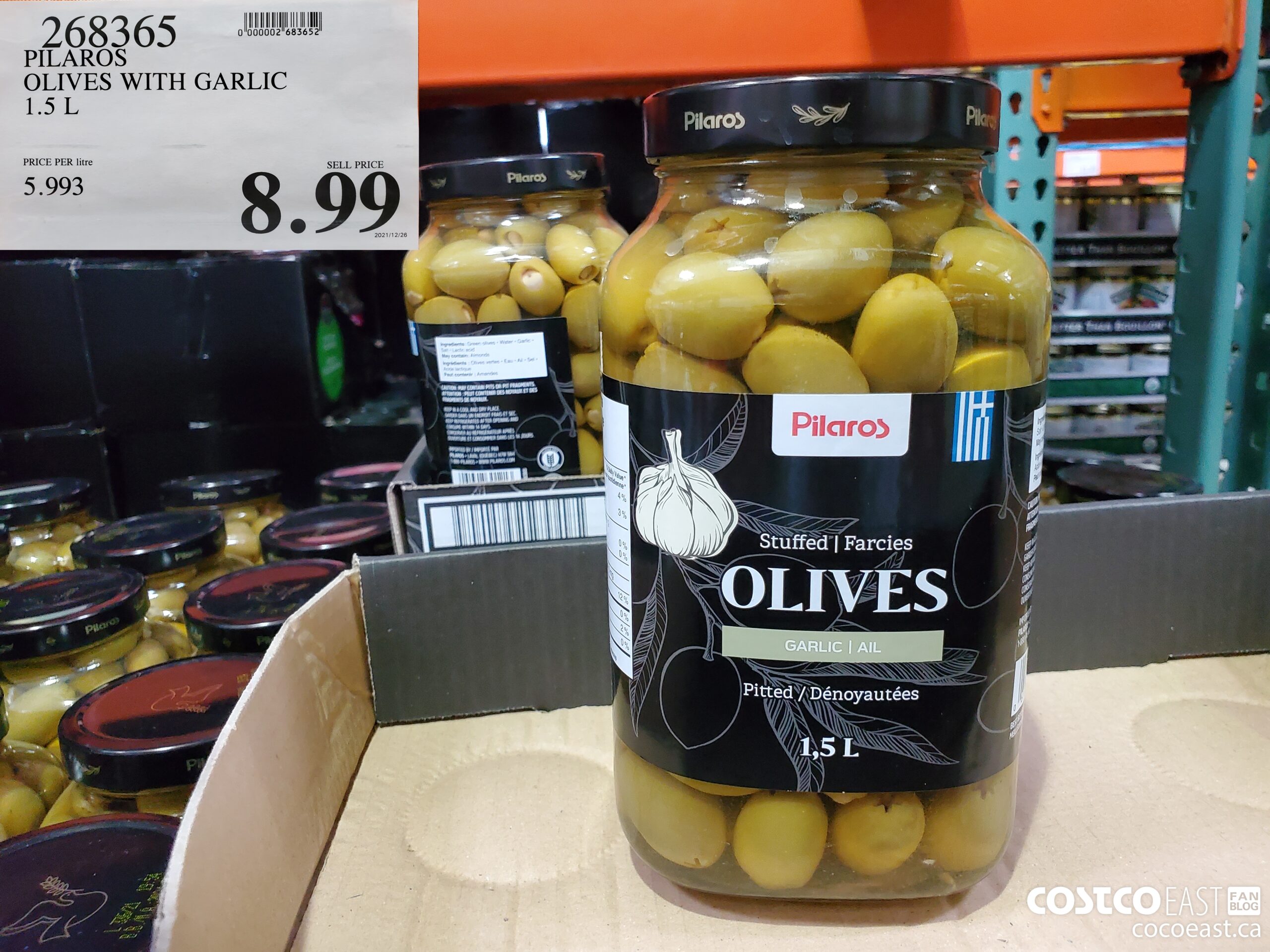 268365 PILAROS OLIVES WITH GARLIC 1.5 L $8.99