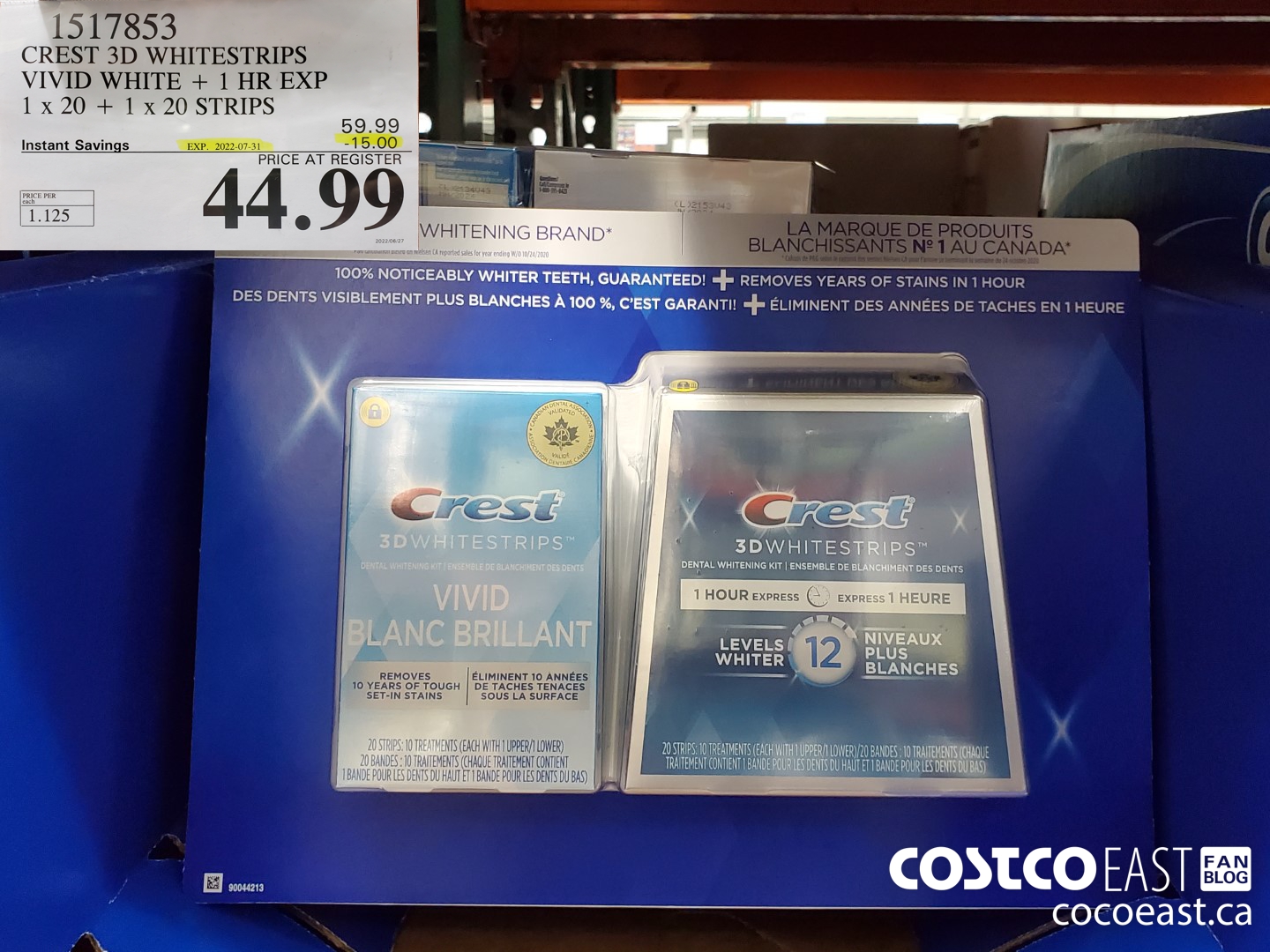 1517853 CREST 3D WHITESTRIPS VIVID WHITE + 1 HR EXP 1x 20 + 1x 20 STRIPS  ($15.00 INSTANT SAVINGS EXPIRES ON 2022-07-31) $44.99