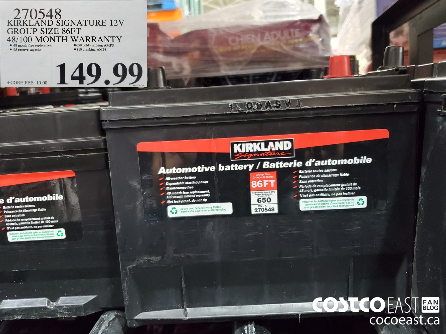 27548 KIRKLAND SIGNATURE 12V GROUP SIZE 86FT 48/100 MONTH WARRANTY $149.99