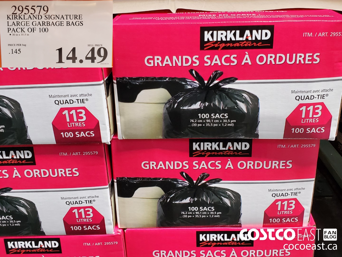 295579 KIRKLAND SIGNATURE LARGE GARBAGE BAGS PACK OF 100 14 49 - Costco  East Fan Blog