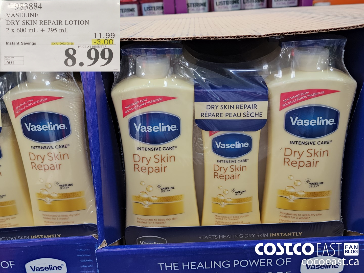983884 VASELINE DRY SKIN REPAIR LOTION 2 X 600 ML + 295 ML ($3.00 INSTANT SAVINGS EXPIRES ON 2022-08-28) $8.99