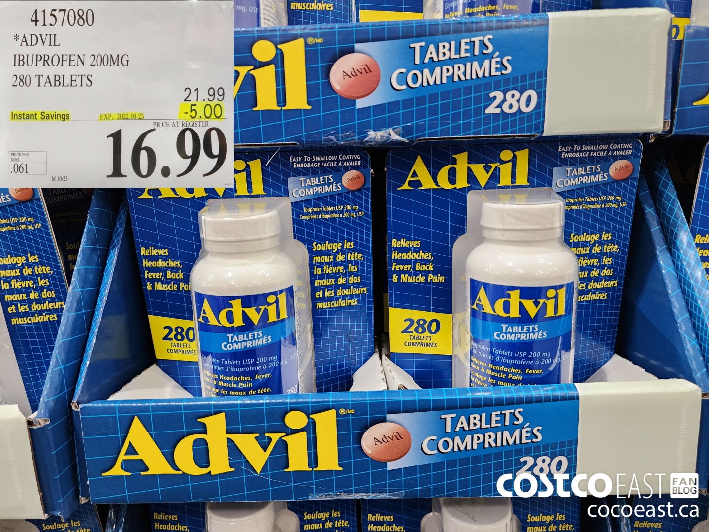 4157080 ADVIL IBUPROFEN 200MG 280 TABLETS ($5.00 INSTANT SAVINGS EXPIRES ON 2022-10-23) $16.99