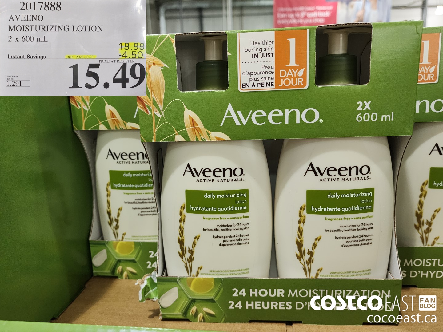 2017888 AVEENO MOISTURIZING LOTION 2 x 600 mL  ($4.50 INSTANT SAVINGS EXPIRES ON 2022-10-23) $15.49