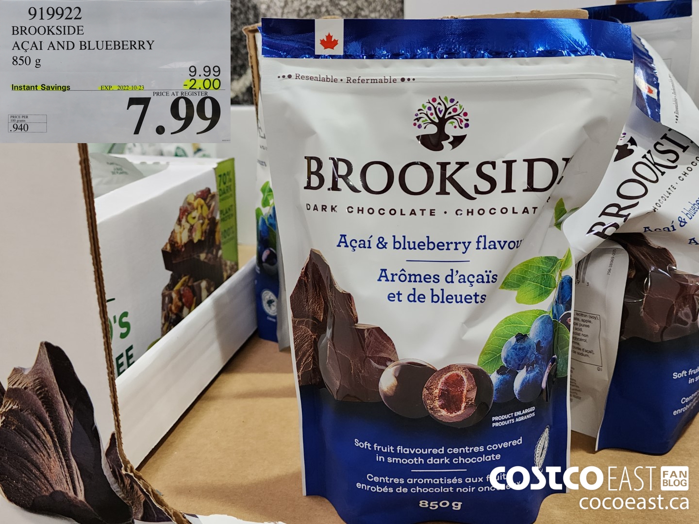 919922 BROOKSIDE ACAI AND BLUEBERRY 850 g ($2.00 INSTANT SAVINGS EXPIRES ON 2022-10-23) $7.99