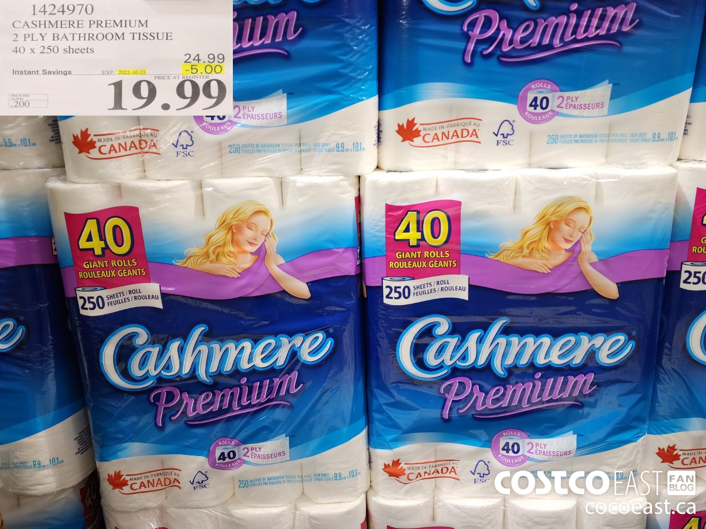 1424970 CASHMERE PREMIUM 2 PLY BATHROOM TISSUE 40 x 250 sheets ($5.00 INSTANT SAVINGS EXPIRES ON 2022-10-23) $19.99