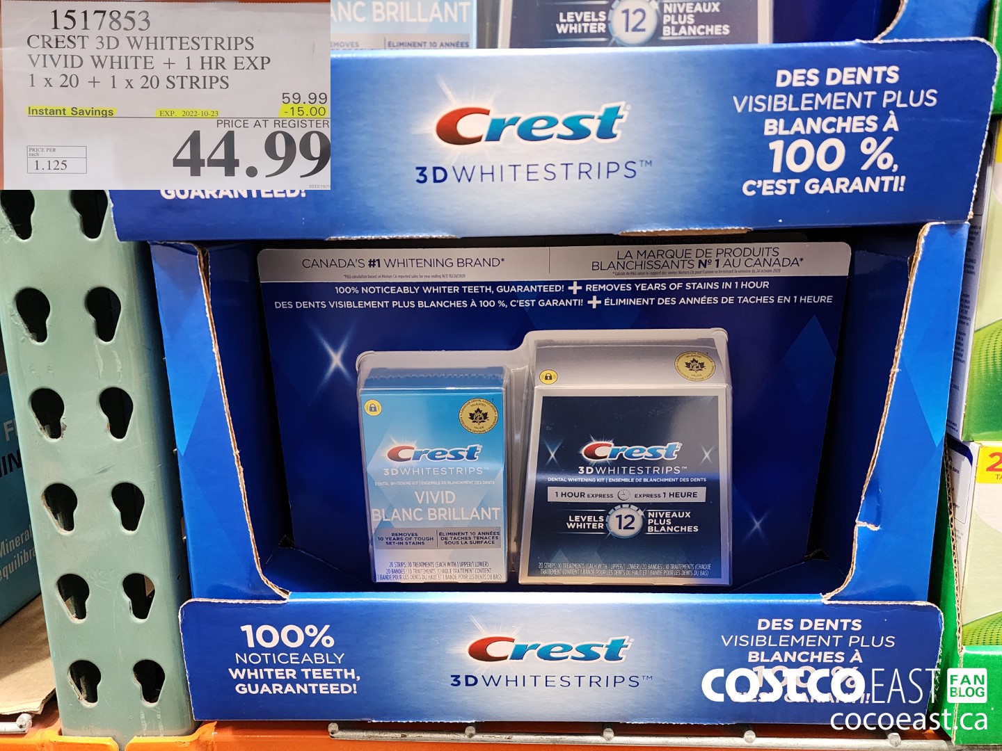 1517853 CREST 3D WHITESTRIPS VIVID WHITE + 1 HR EXP 1 x 20 + 1x 20 STRIPS  ($15.00 INSTANT SAVINGS EXPIRES ON 2022-10-23) $44.99