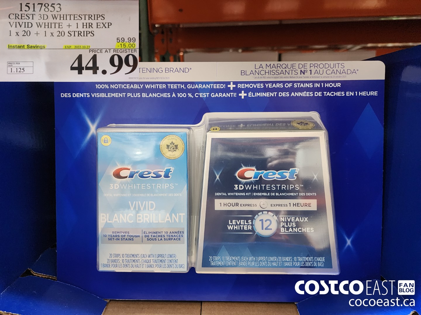 1517853 CREST 3D WHITESTRIPS VIVID WHITE + 1 HR EXP 1x 20 + 1x 20 STRIPS  ($15.00 INSTANT SAVINGS EXPIRES ON 2022-10-23) $44.99