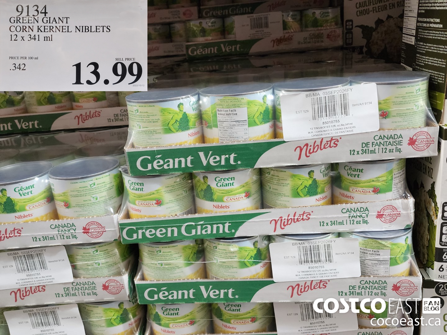 9134 GREEN GIANT CORN KERNEL NIBLETS 12 X 341 ML $13.99