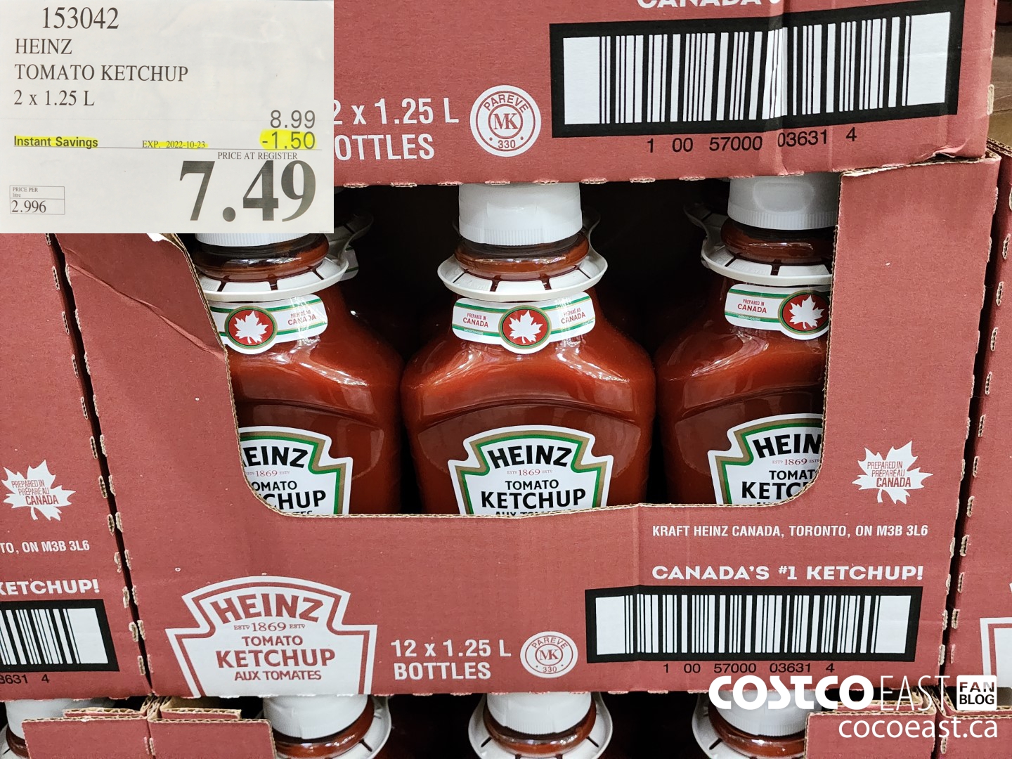 153042 HEINZ TOMATO KETCHUP 2 X 1.25 L ($1.50 INSTANT SAVINGS EXPIRES ON 2022-10-23) $7.49