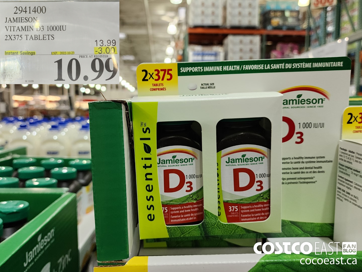 2941400 JAMIESON VITAMIN D3 1000IU 2X375 TABLETS ($3.00 INSTANT SAVINGS EXPIRES ON 2022-10-23) $10.99