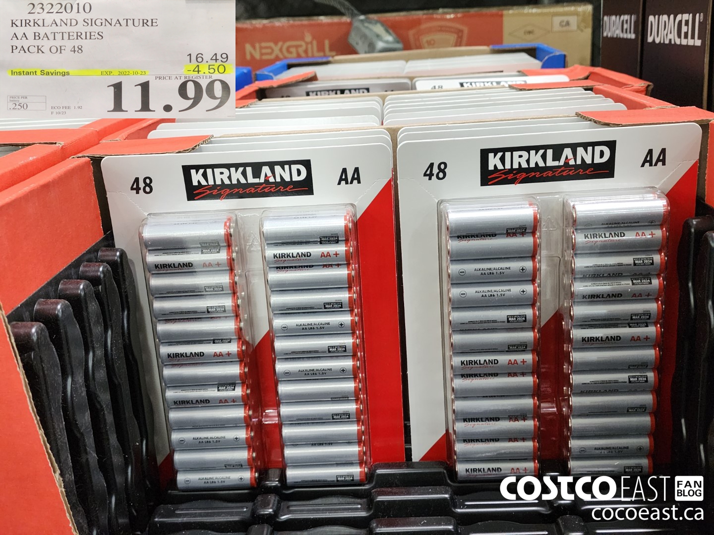 2322010 KIRKLAND SIGNATURE AA BATTERIES PACK OF 48 PACK OF 48 1 - a8 Instant Savings EXP. 2022-10-23 We PRICE AT = OD “550° a ECO FEE 1.92 ’ |.  ($4.50 INSTANT SAVINGS EXPIRES ON 2022-10-23) $11.99