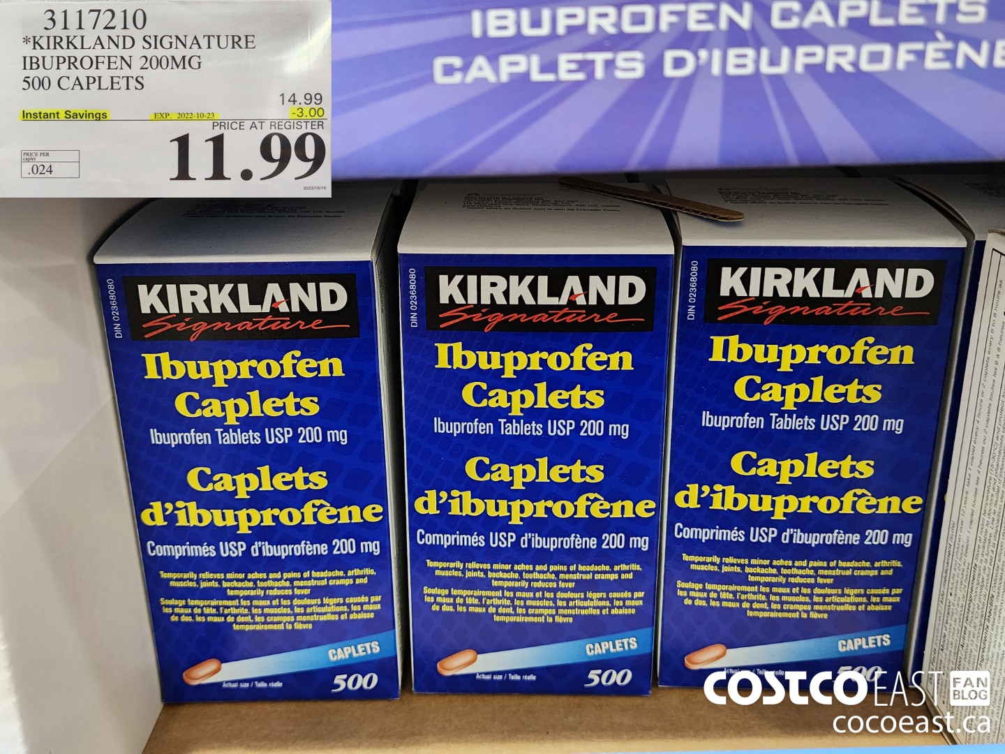 3117210 KIRKLAND SIGNATURE IBUPROFEN 200MG 500 CAPLETS ($3.00 INSTANT SAVINGS EXPIRES ON 2022-10-23) $11.99