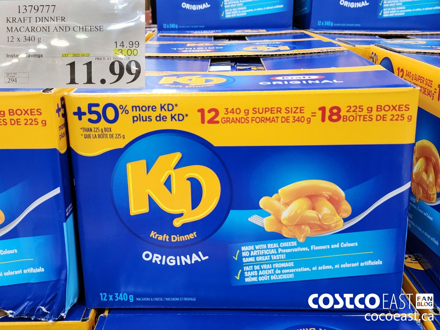 1379777 KRAFT DINNER MACARONI AND CHEESE 12 x 340 g ($3.00 INSTANT SAVINGS EXPIRES ON 2022-10-23) $11.99