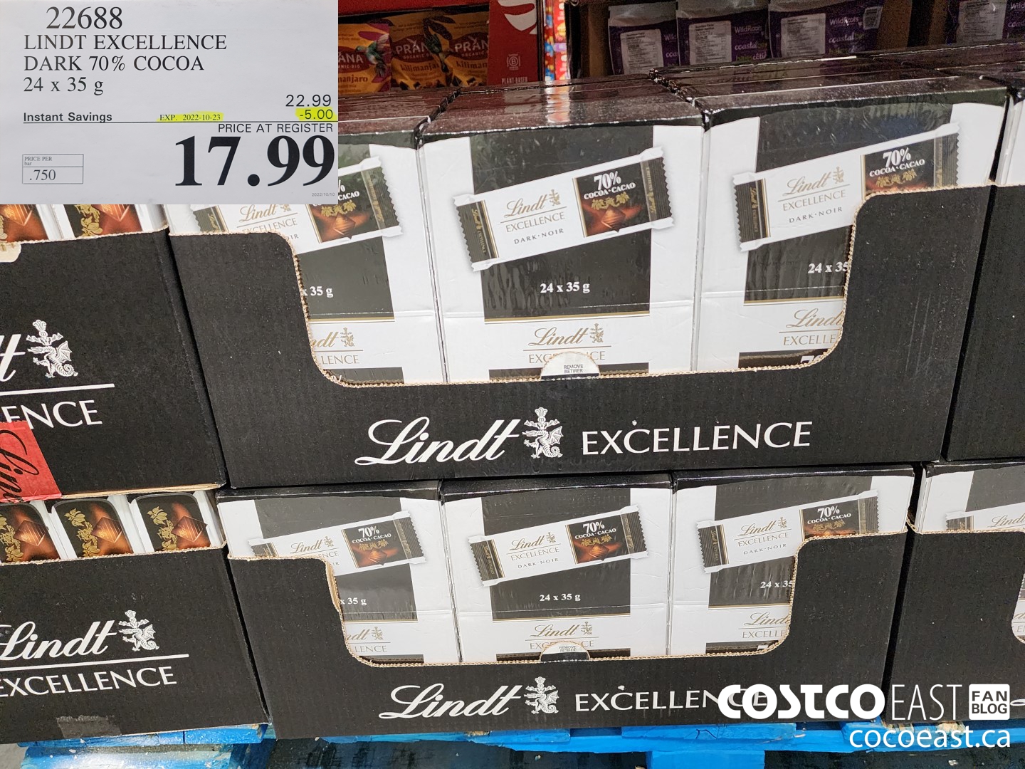 22688 LINDT EXCELLENCE DARK 70% COCOA 24 X 35 G  ($5.00 INSTANT SAVINGS EXPIRES ON 2022-10-23) $17.99