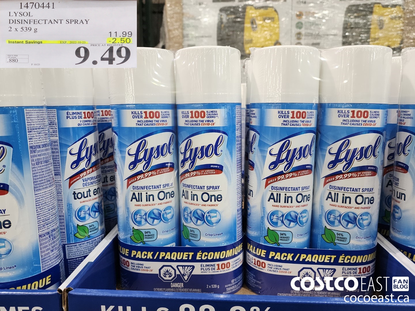 1470441 LYSOL DISINFECTANT spray 2x 539 g ($2.50 INSTANT SAVINGS EXPIRES ON 2022-10-23) $9.49