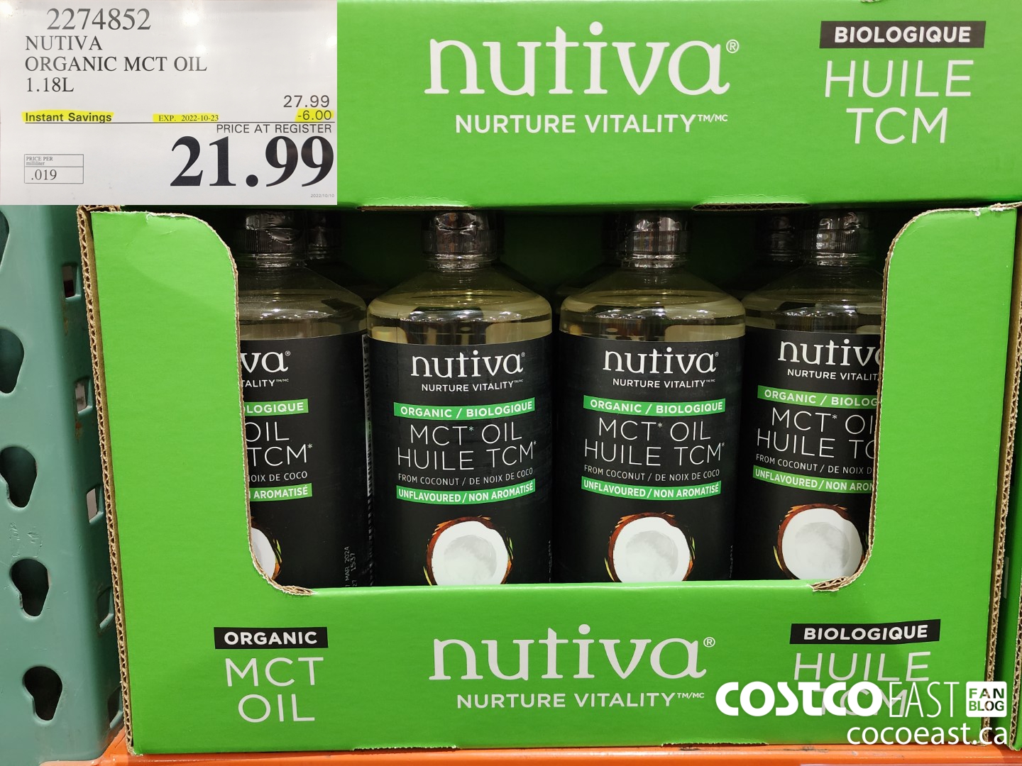 2274852 NUTIVA ORGANIC MCT OIL 1.18L ($6.00 INSTANT SAVINGS EXPIRES ON 2022-10-23) $21.99