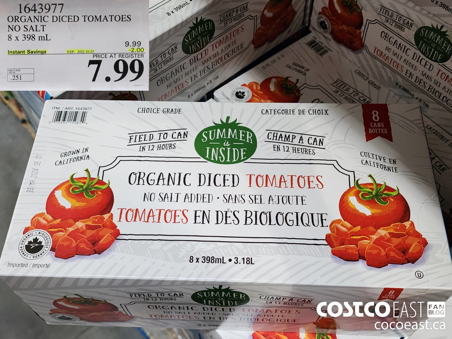 1643977 ORGANIC DICED TOMATOES NO SALT 8 x 398 mL ($2.00 INSTANT SAVINGS EXPIRES ON 2022-10-23) $7.99