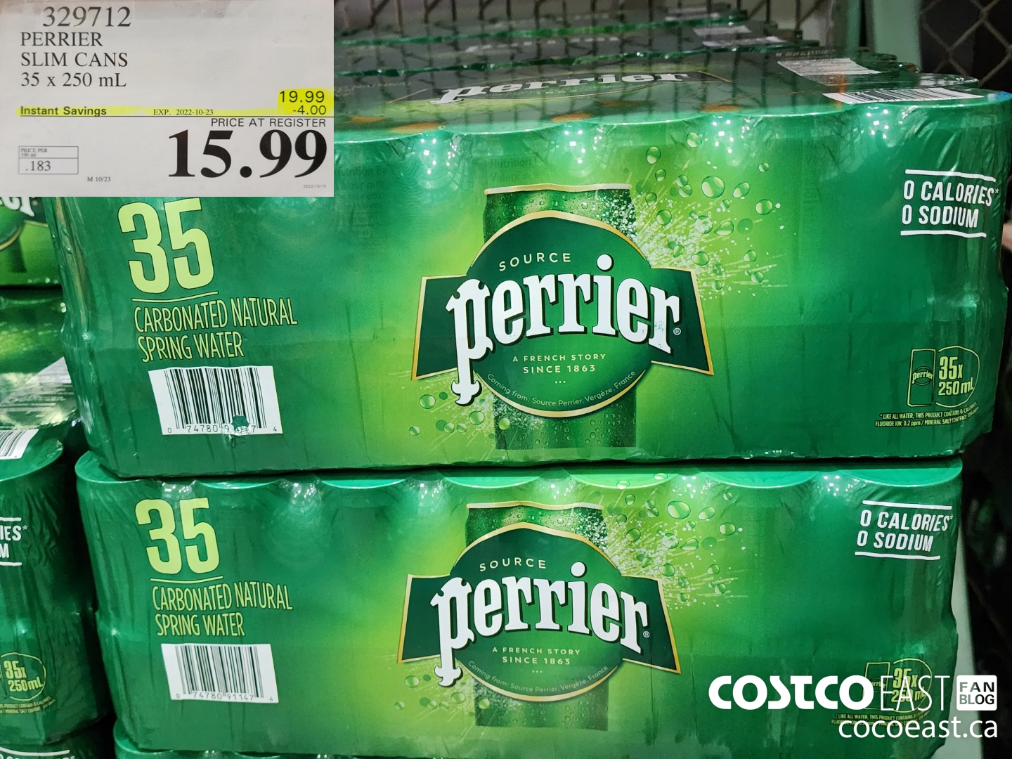 329712 PERRIER SLIM CANS 35 X 250 ML ($4.00 INSTANT SAVINGS EXPIRES ON 2022-10-23) $13.99