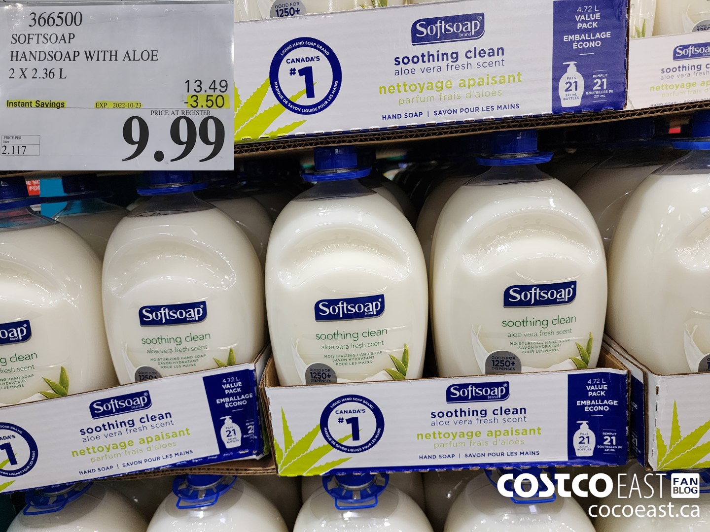 366500 SOFTSOAP HANDSOAP WITH ALOE 2 X 2.36 L ($3.50 INSTANT SAVINGS EXPIRES ON 2022-10-23) $9.99