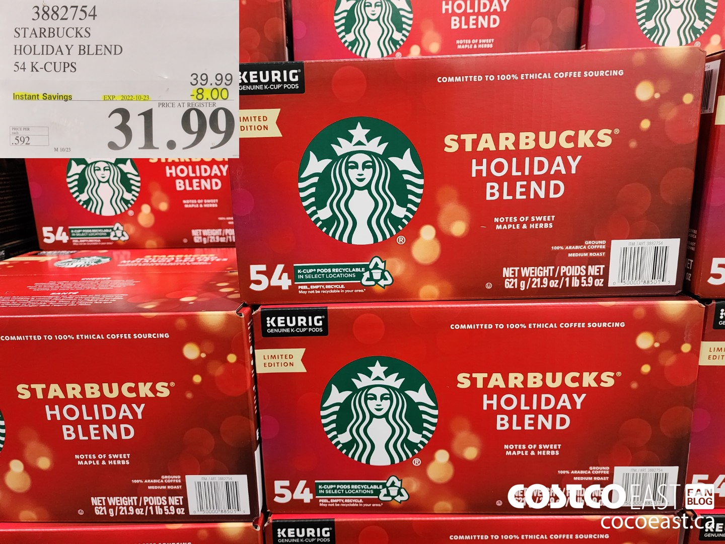 3882754 STARBUCKS HOLIDAY BLEND 54 K-CUPS ($8.00 INSTANT SAVINGS EXPIRES ON 2022-10-23) $31.99