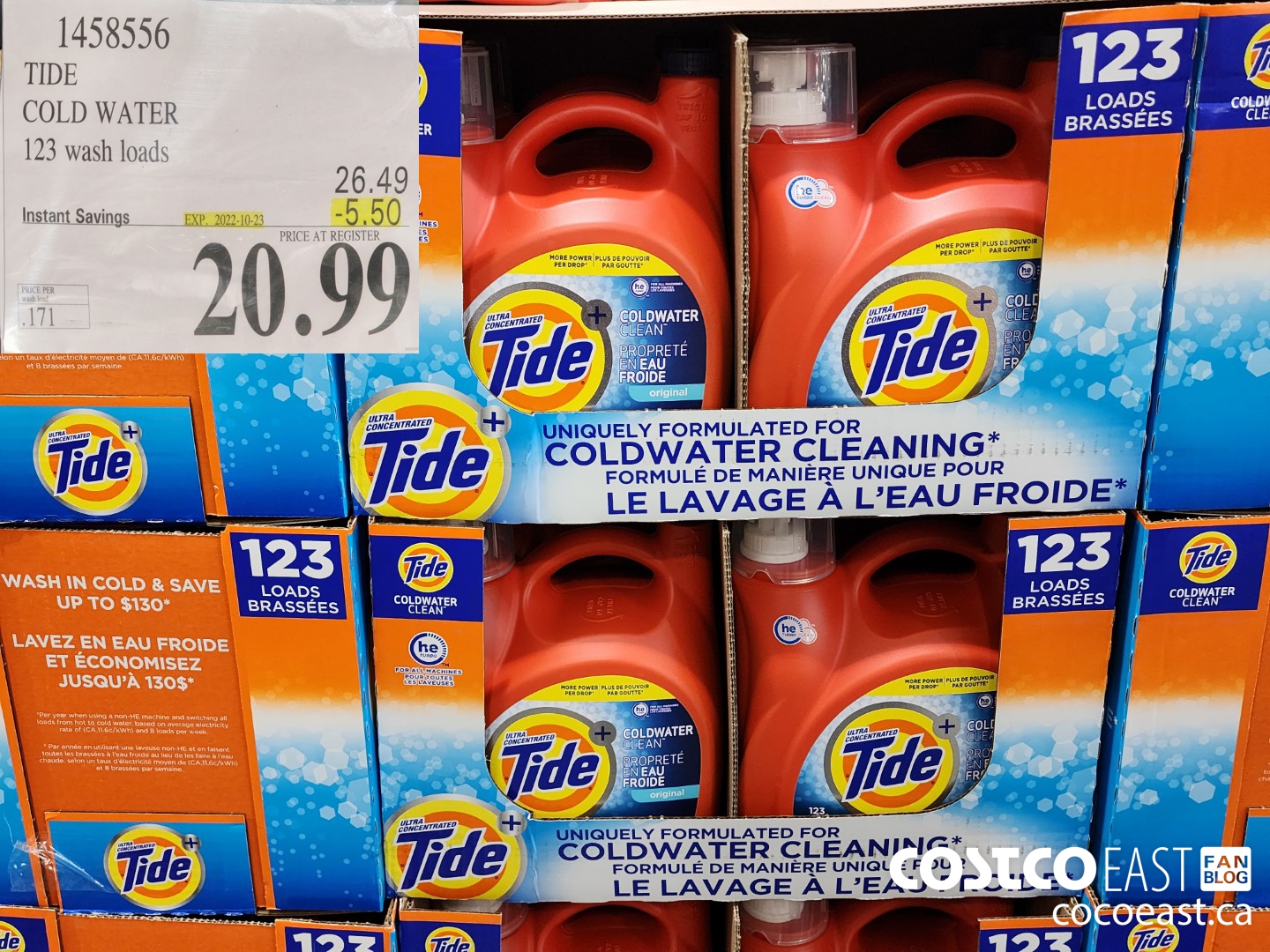 1458556 TIDE COLD WATER 123 WASHLOADS ($5.50 INSTANT SAVINGS EXPIRES ON 2022-10-23) $20.99