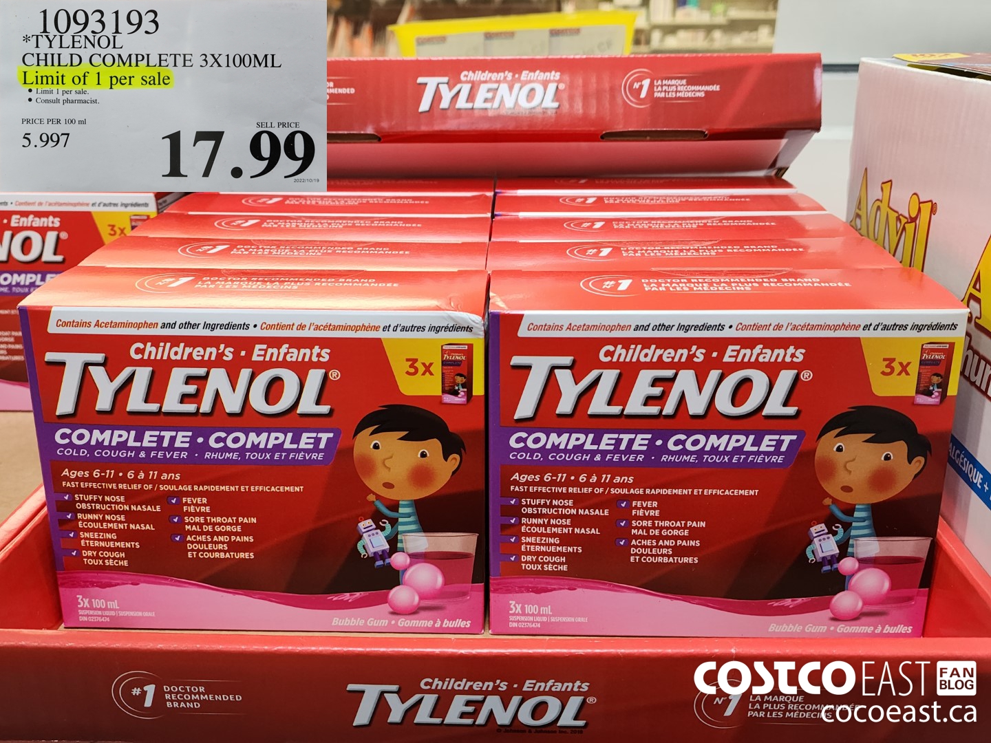 1093193 TYLENOL CHILD COMPLETE 3 X 100 ML LIMIT OF 1 PER SALE $17.99