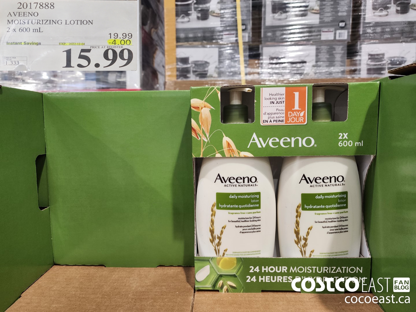 2017888 AVEENO MOISTURIZING LOTION 2 x 600 mL ($4.00 INSTANT SAVINGS EXPIRES ON 2022-12-04) $15.99