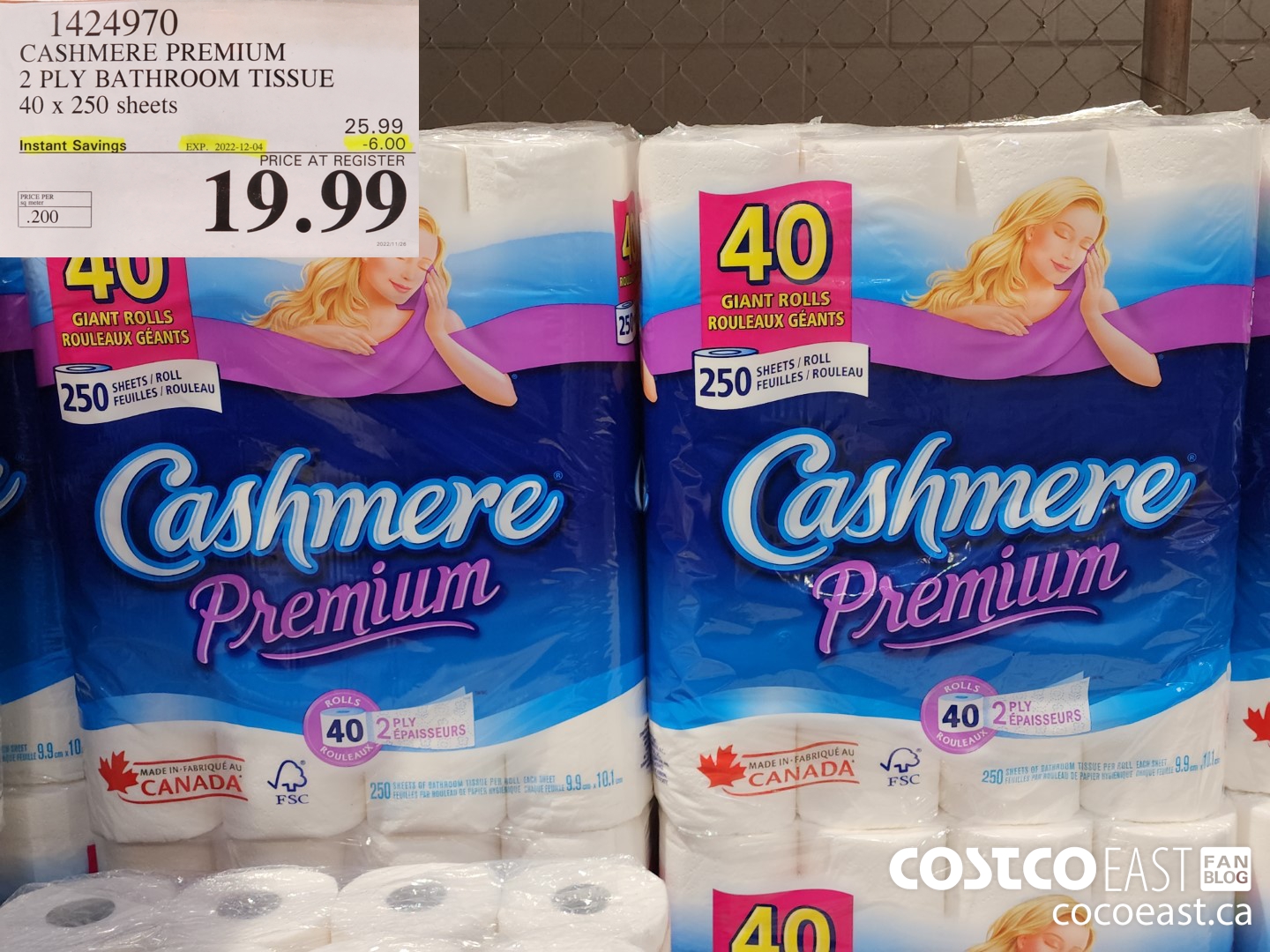 1424970 CASHMERE PREMIUM 2 PLY BATHROOM TISSUE 40 x 250 sheets ($6.00 INSTANT SAVINGS EXPIRES ON 2022-12-04) $19.99