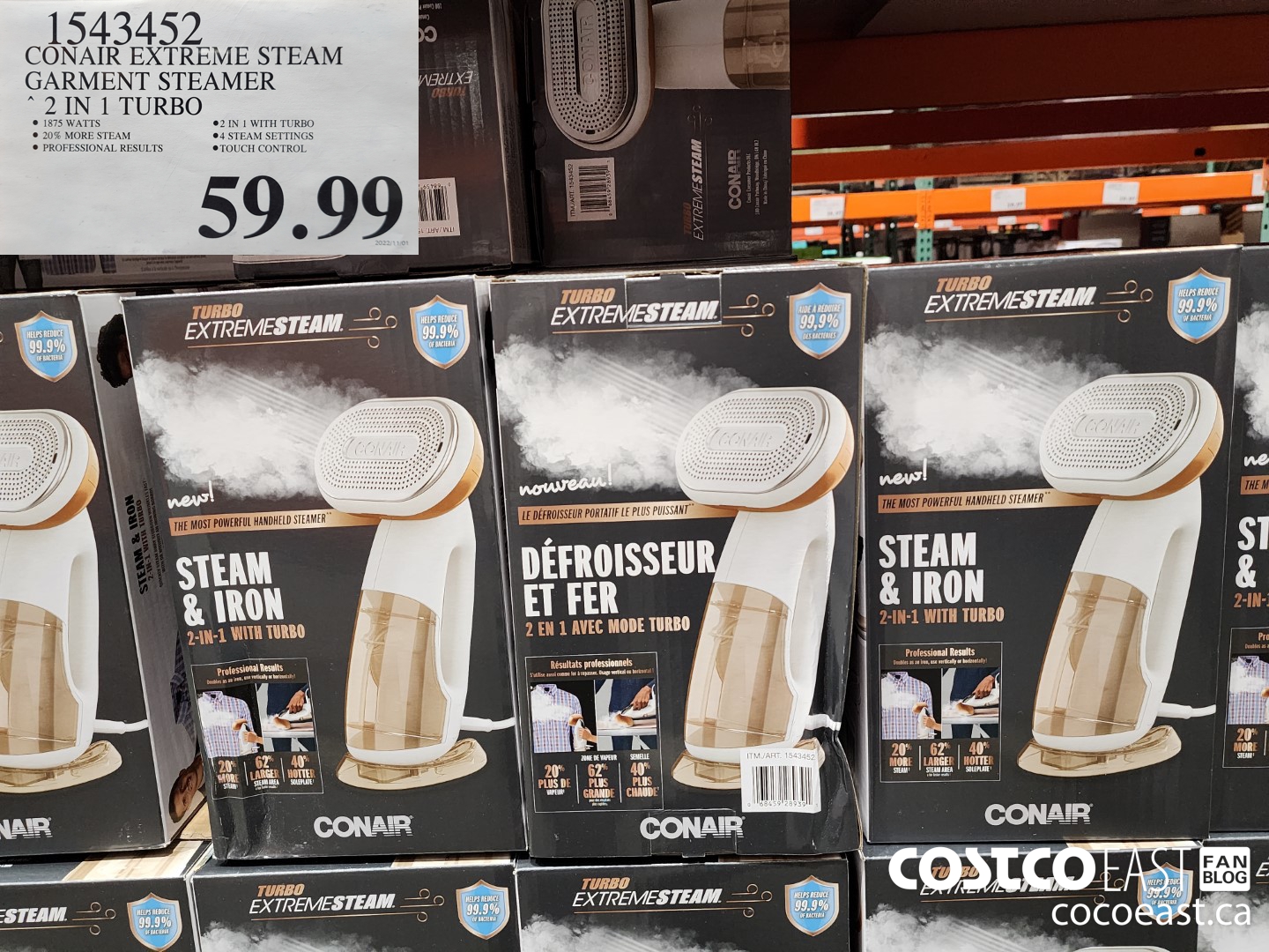 1543452 CONAIR EXTREME STEAM GARMENT STEAMER 2 IN 1 TURBO $59.99