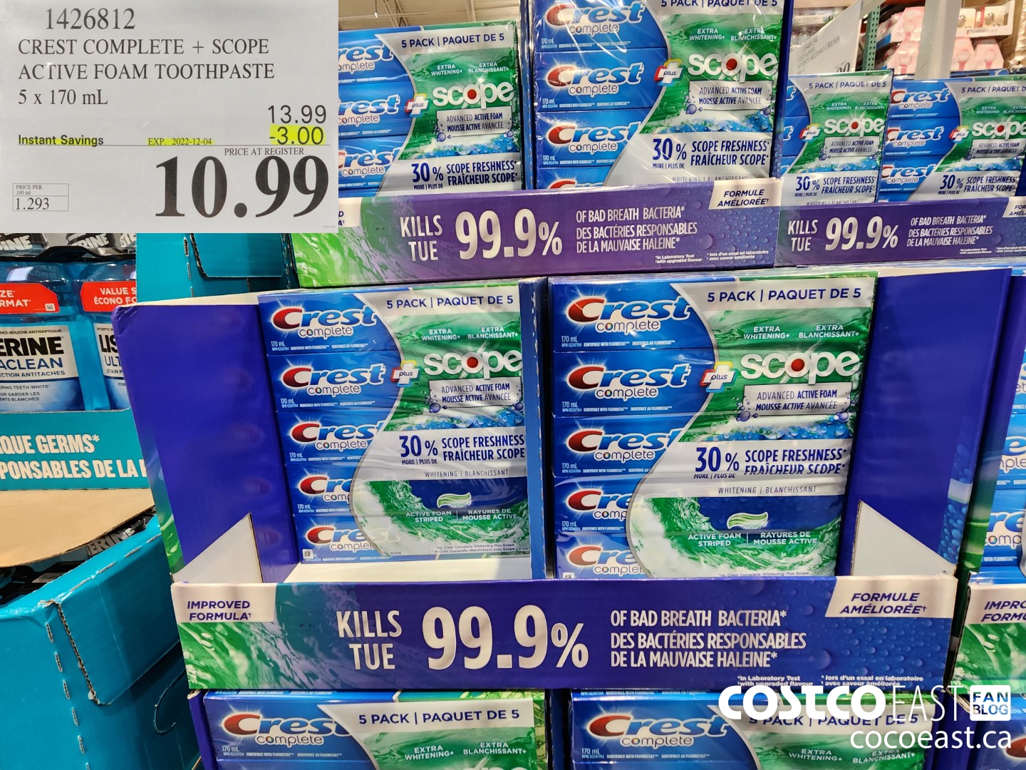 1426812 CREST COMPLETE + SCOPE ACTIVE FOAM TOOTHPASTE 5 X 170 ML ($3.00 INSTANT SAVINGS EXPIRES ON 2022-12-04) $10.99