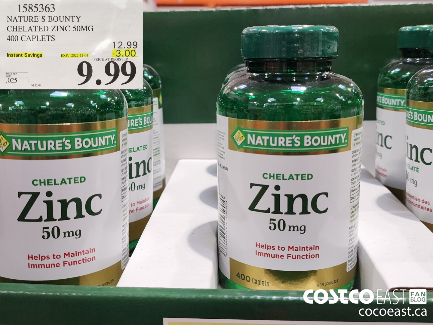 1585363 NATURE'S BOUNTY CHELATED ZINC 50MG 400 CAPLETS ($3.00 INSTANT SAVINGS EXPIRES ON 2022-12-04) $9.99